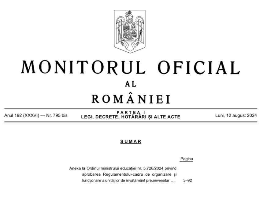 Anexa la Ordinul ministrului educației nr. 5.726/2024 privind aprobarea Regulamentului-cadru de organizare și funcționare a unităților de învățământ preuniversita