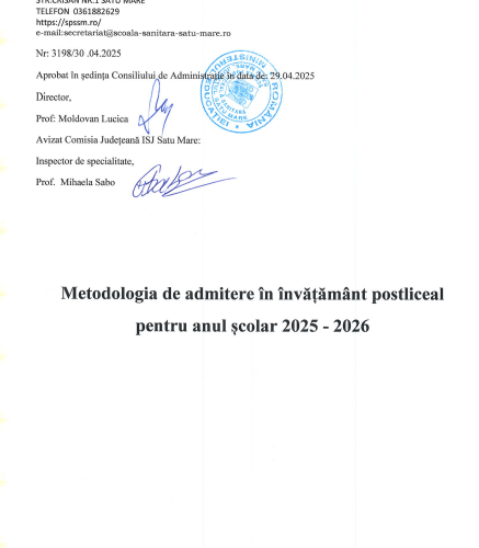 Metodologia de admitere în învățământ postlicealpentru anul şcolar 2025 – 2026